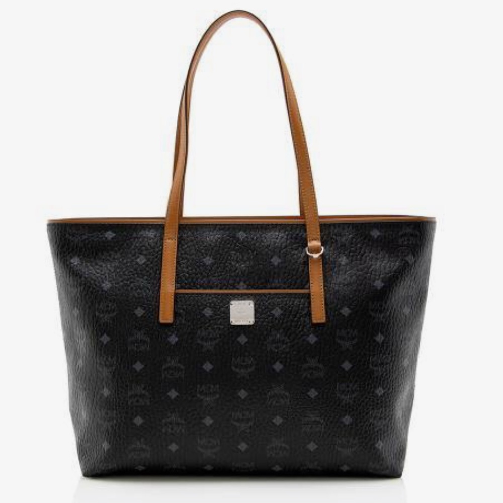Black Patterned Tote Bag with Tan Handles